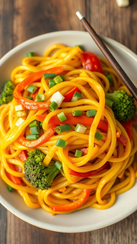 A plate of stir-fried yellow noodles with vegetables, garnished with green onions, on a wooden table.